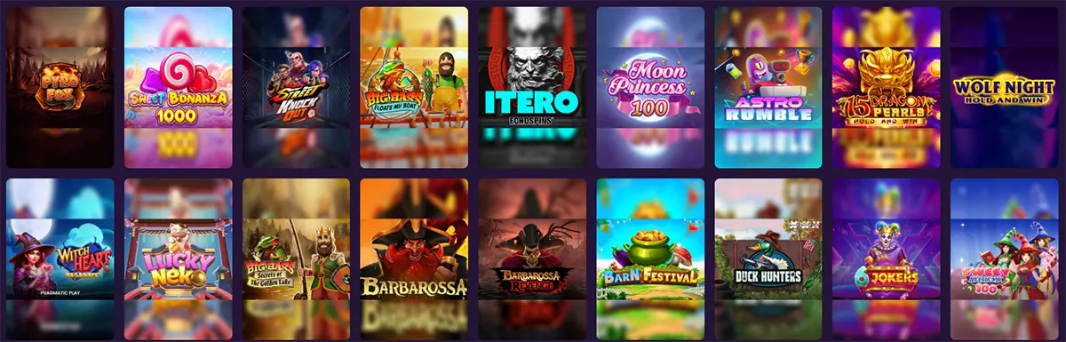 Selection of online slot games including titles like Pyro Fox, Sweet Bonanza 1000, Street Knockout, Moon Princess 100, Dragon Pearl, Wolf Night, Lucky Neko, Big Bass series, Barbarossa, Barn Festival, Duck Hunters, 6 Jokers, and more.