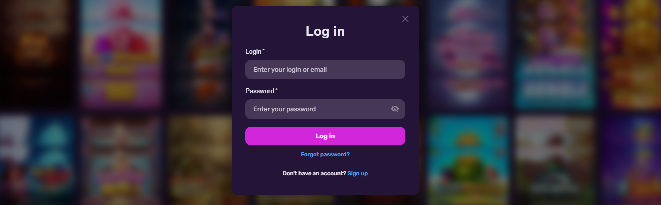 Login window with fields for username or email and password on a casino website.
